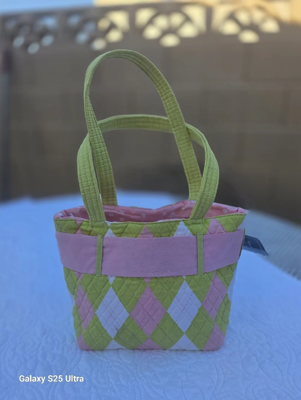 C&F Home Argyle Prepster Tote – Quilted Pink & Lime Bow Bag
